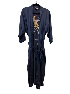 Asilk Navy Silk Kimono Robe Embroidered Phoenix Long Robe Medium